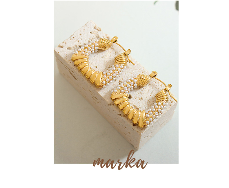 Retro U Shape Titanium Steel Inlay Artificial Pearls Earrings 1 Pair