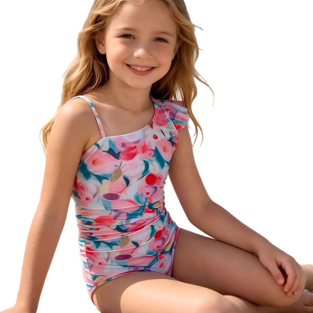 Novo estilo retrô, delicado, macacão de banho para o verão, com estampa de pintura a óleo e design plissado, para meninas de 3 a 7 anos._voghion.com