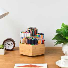亚马逊竹木多功能旋转笔筒学生文具化妆品收纳盒木质旋转笔筒