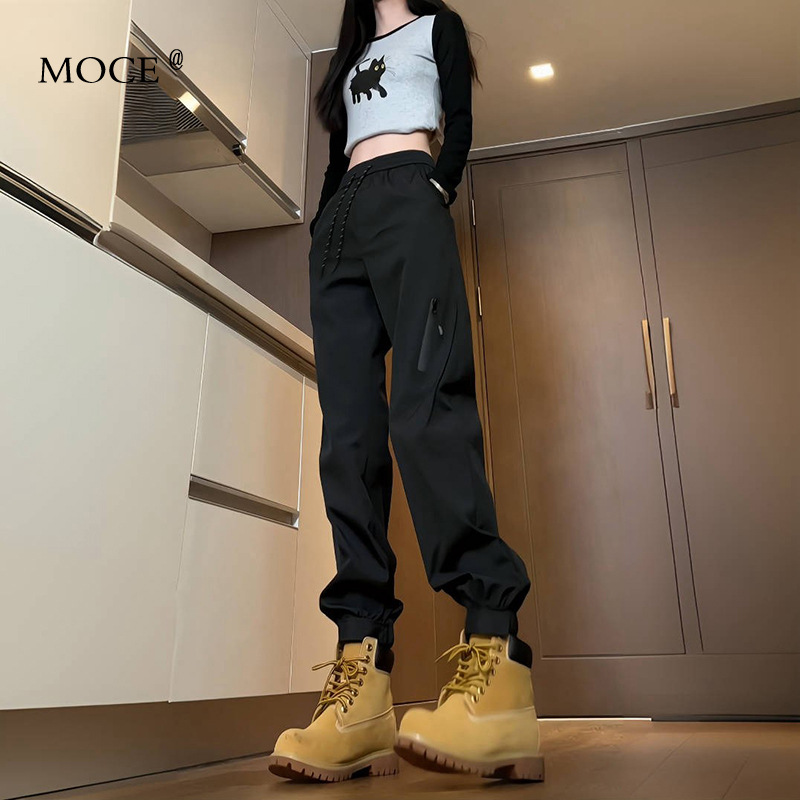 Black Soft Shell Waterproof Hiking Pants for Women Outdoor Professional Trekking Sports Climbing Pants with Drawstring Jogger Cargo Pants