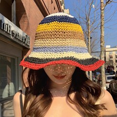 ファッション新虹色織バケットハット女性韓国スタイル夏つば広サンシェード日焼け止めドームビーチ麦わら帽子