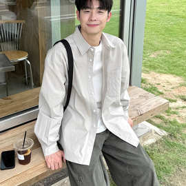 灰色翻领长袖衬衫男生2026新款春秋外搭纯色衬衣宽松工装休闲外套