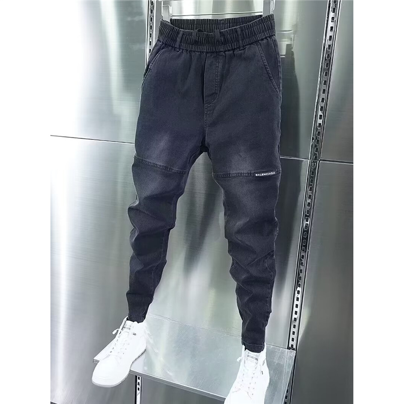 Autumn and Winter Fleece-Lined Embroidered Patchwork Jeans for Men, Trendy Slim-Fit Skinny Harem Pants, Korean Style Fashion Jogger Pants