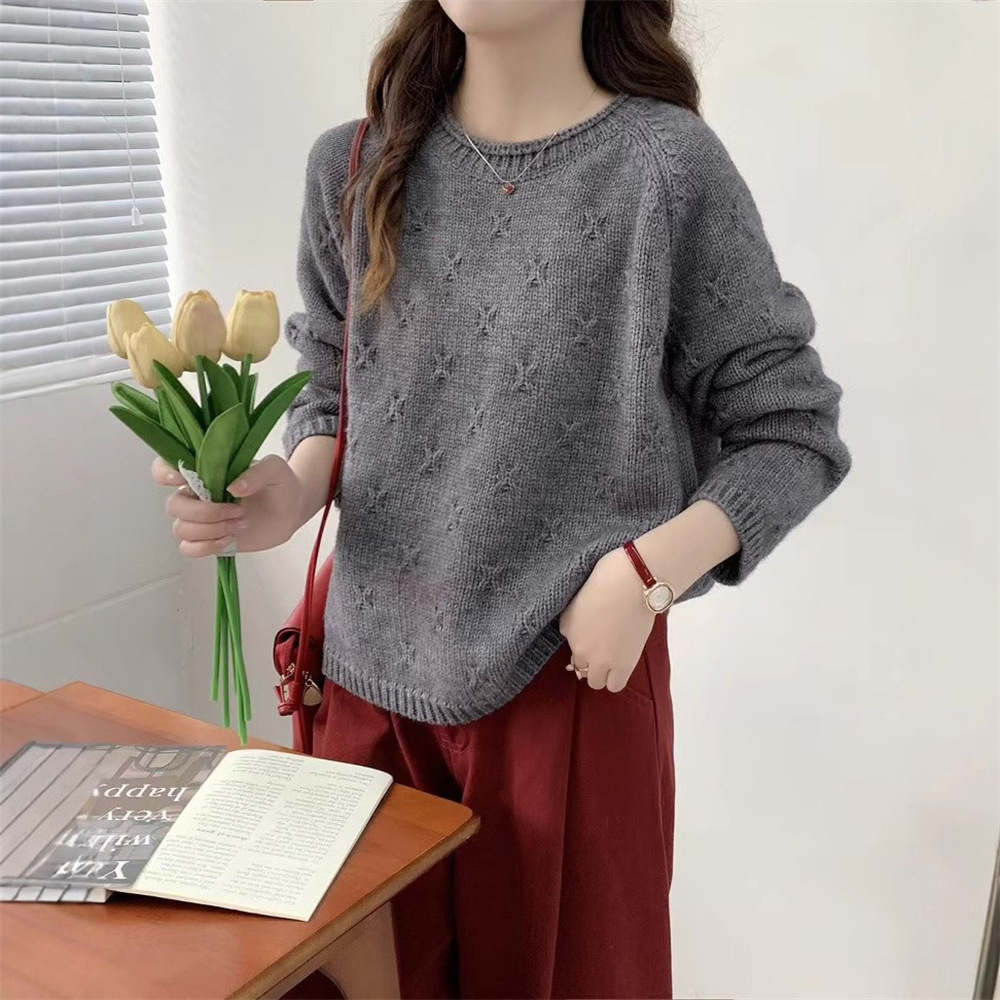 Suéter de Punto Calado para Mujer de Acrílico y Nailon con Cuello Redondo para Otoño e Invierno