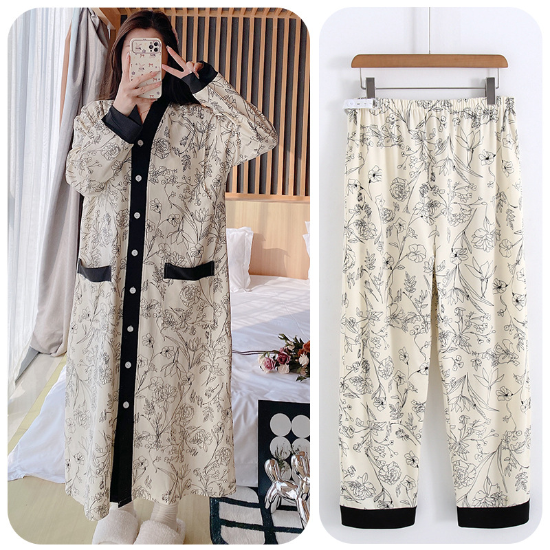 Pregnant Women's Pants with Chest Pad Two-Piece Set Spring and Autumn plus size Monthly Clothing Winter Hospital Internal Examination Nursing Nightdress