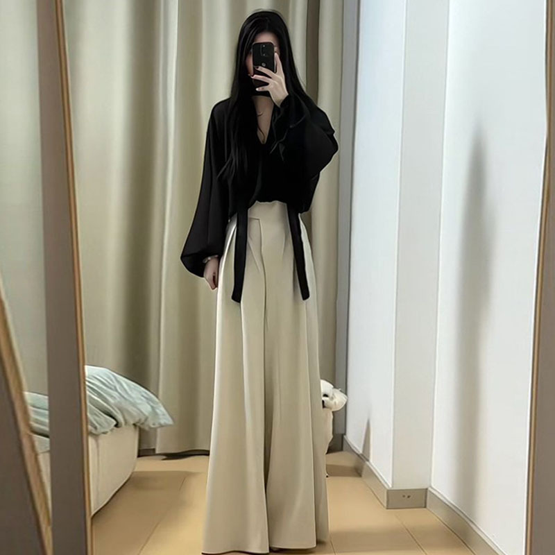 2025春季搭配一整套装女法式感黑色上衣高腰阔腿裤职业两件套|undefined