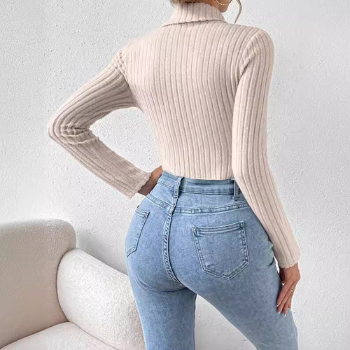 Exclusive French-style high-neck long-sleeved knit fuzzy honeycomb ribbed one-piece top, fashionable and elegant