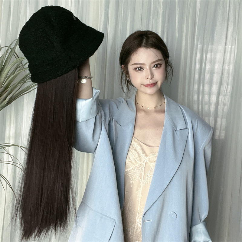 Lamb fleece hat wig all-in-one women's fashionable autumn and winter fisherman hat long straight hair natural full head cover short-sighted band goods Lamb fleece hat wig all-in-one women's fashionable autumn and winter fisherman hat long straight hair natural full head cover short-sighted band goods