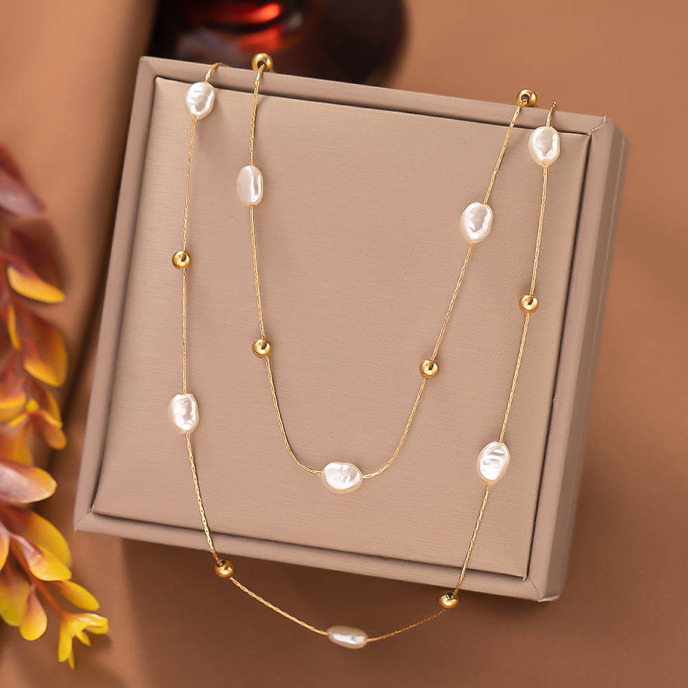 1 Piece Quantity Daily Occasion 304 Stainless Steel Material Wholesale Jewelry Pearl 304 Stainless Steel 18K Gold Plated PVD Coated Beaded Plating Layered Necklaces