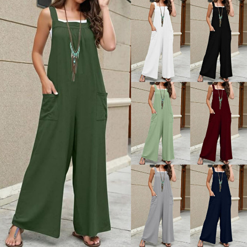 2024 Amazon European and American Cross-border New Casual Loose Sleeveless Jumpsuit for Women Pure Color Cotton and Linen Suspender Wide-leg Pants