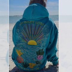 2025国境を越えた新しい太陽の花が海上で刺繍されているフード付きの男女刺繍のセーター