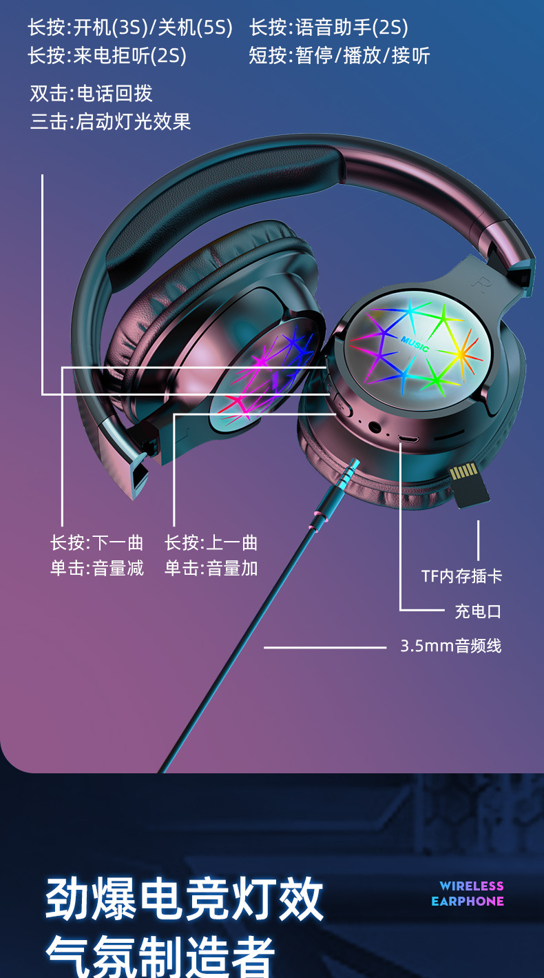 Beliebte LED-Kopfhörer mit Bluetooth von Huaqiangbei, kabellose Spielekonsole Sport E-Sport Gaming-Headset mit langer Akkulaufzeit