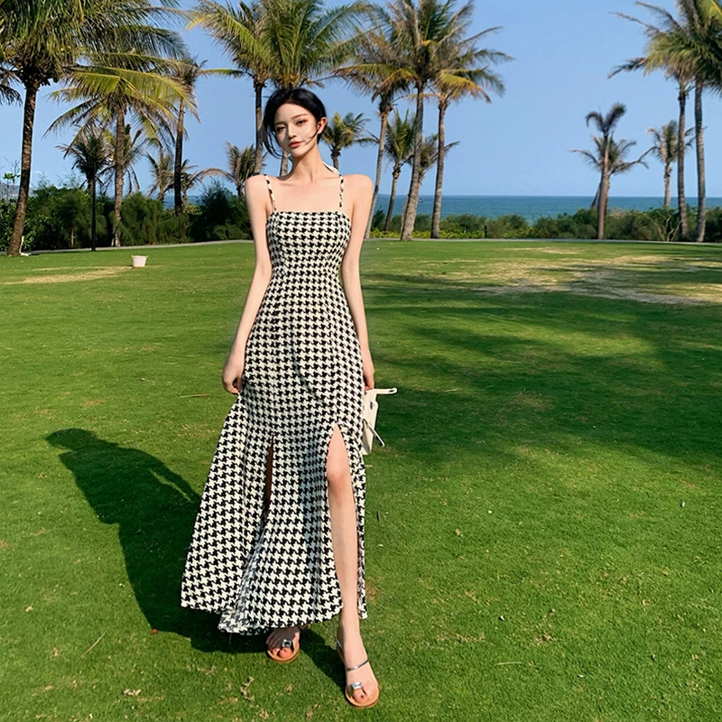 Юбка на подтяжках с узором «гусиные лапки» для женщин, лето 2021, новое элегантное платье для похудения, сексуальное французское платье с разрезом