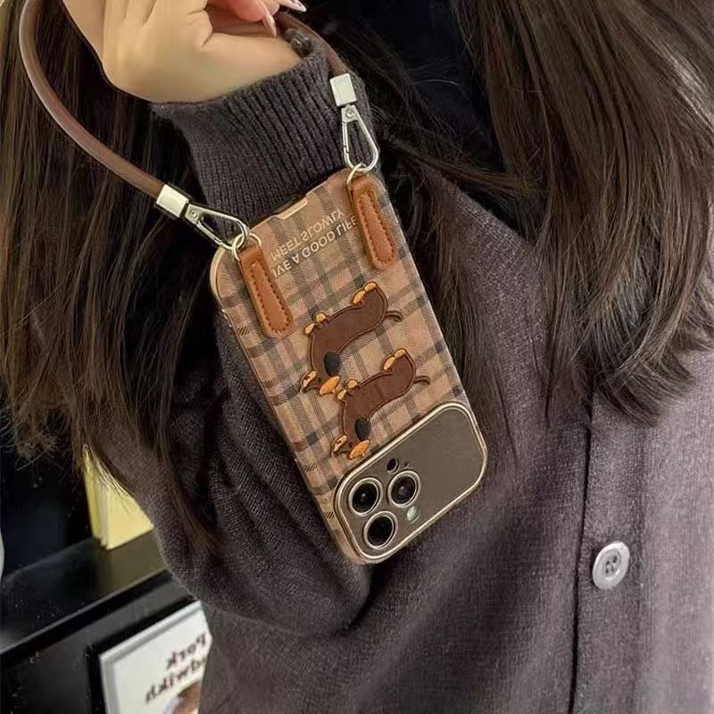 Maillard Perro salchicha bordado a cuadros para iPhone15/16ProMax funda para teléfono 13 cordón Apple 14P