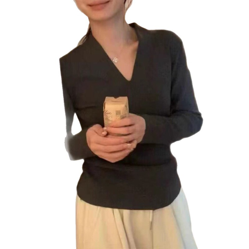 法式V领长袖针织衫女早秋季纯欲气质内搭打底衫修身辣妹显瘦上衣|undefined