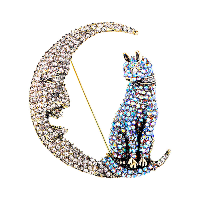 31g Weight Rhinestones Inlay Material Brooches Classification Shiny Pin Moon Cat Alloy Inlay Rhinestones Women's Brooches