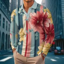 复古欧美男士鲜艳花朵翻领时尚长袖衬衫纽扣polo衫潮流男装