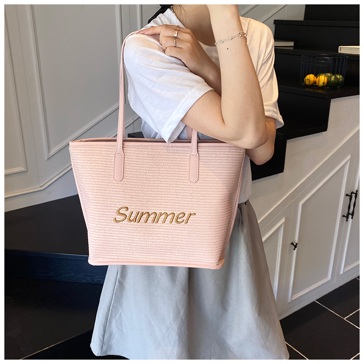Straw woven letter large-capacity bag 2025 single-shoulder large bag for women, new beach woven summer Korean-style tote bag undefined