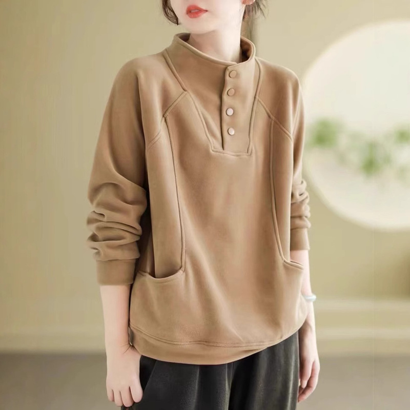 260 Quilted Semi-high Collar Button Warm Sweater Women's Loose Korean Style Meat Covering All-match Design Sense Pocket Stitching