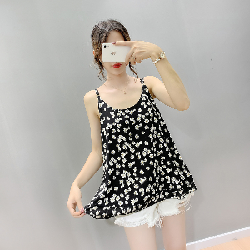 2023 Korean Style Small Chrysanthemum Camisole Inner Base Shirt Mid-length Loose Sleeveless Large Size Chiffon Vest