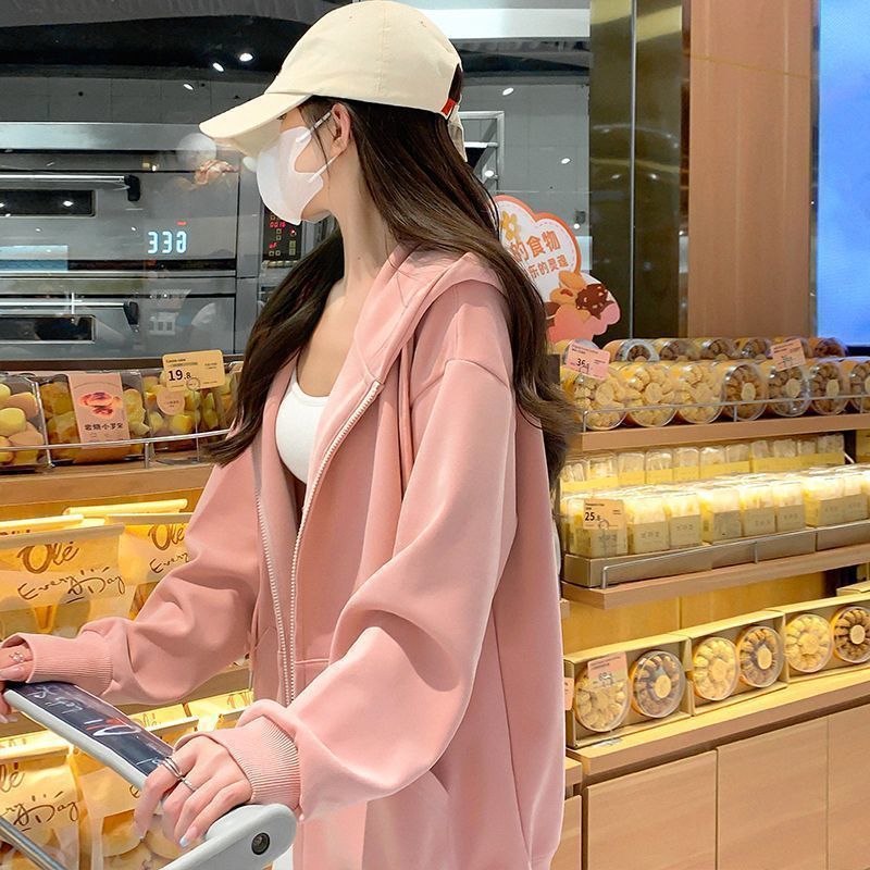 优质慵懒风秋冬款奶黄色开衫拉链连帽卫衣女百搭大码宽松韩版外套|undefined
