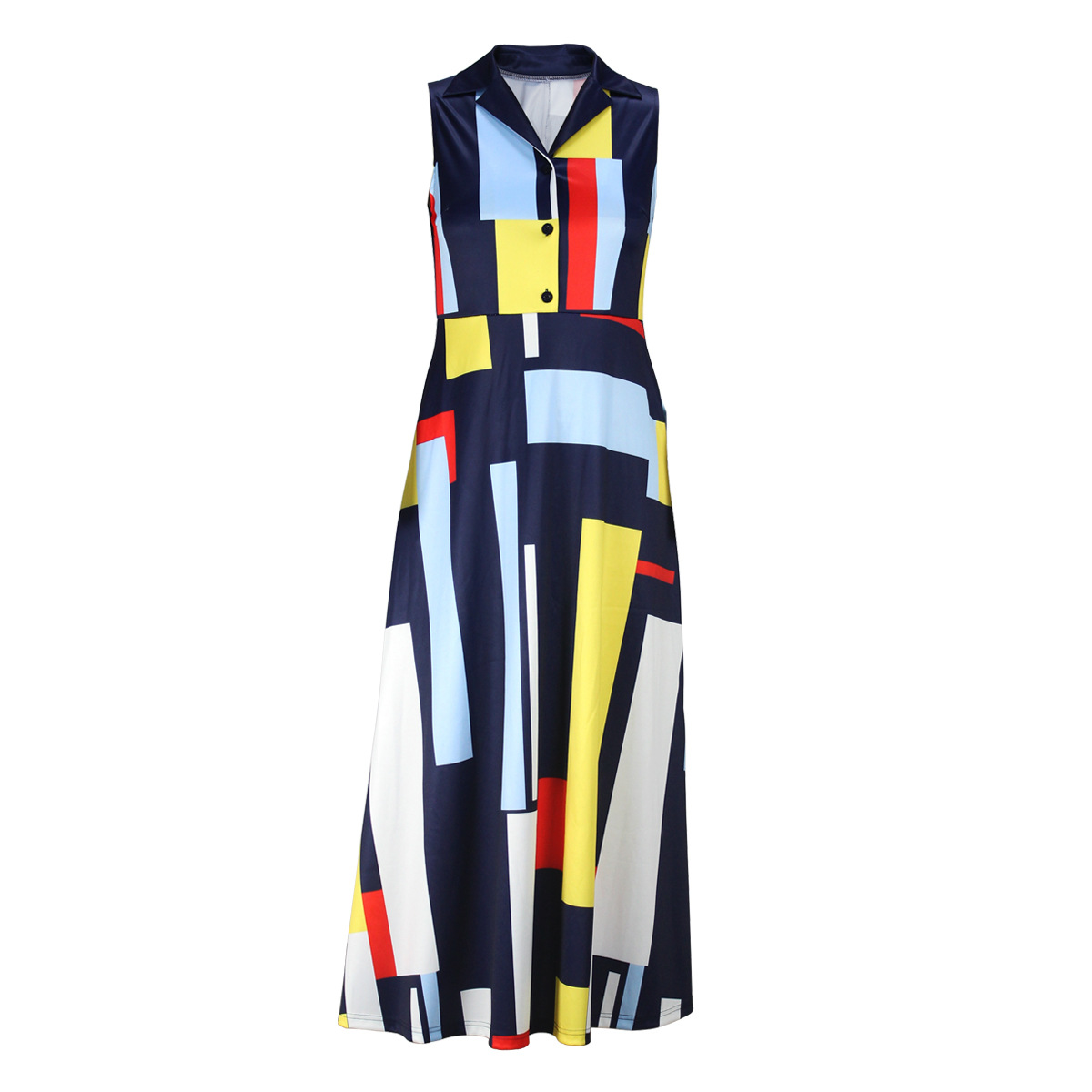 Women's Swing Dress Elegant Turndown Printing Button Sleeveless Geometric Midi Dress Street display picture 6