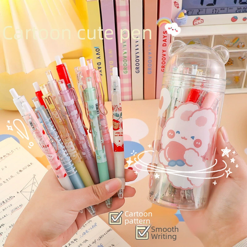 Cartoon rollerball pen set, capacious barrel with cute patterns, smooth writing, 12-color options