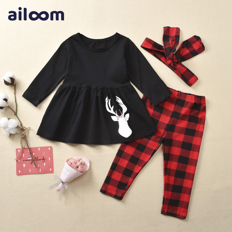 女童欧美圣诞鹿角服装2021新款 圣诞童装亚马逊儿童圣诞节衣服