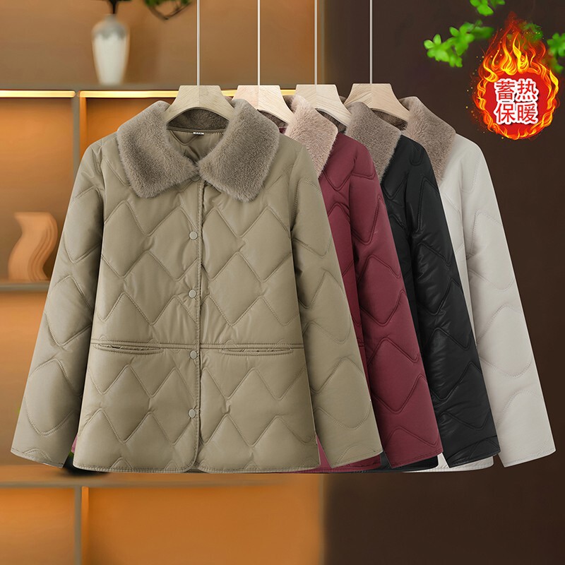 Mother's Winter Clothing, Lightweight Washed Leather Jacket, Cotton Coat for Middle-Aged and Elderly Women, Large Size Loose Fur Collar Top, Warm Small Cotton Coat