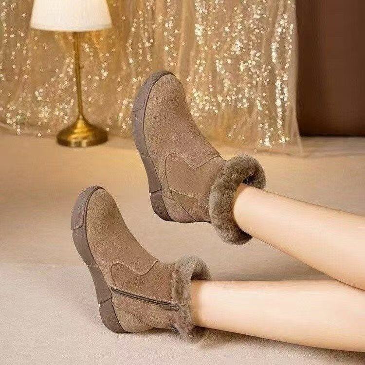 Botas de nieve anticongelantes de alto valor facial para mujeres otoño y invierno 2025, pieles integradas con zapatos de algodón de muffin grueso