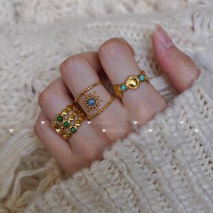 Cream+ Egyptian Colorful Imitation Natural Stone Multi-Layer Niche Ring Romantic Ins Holiday Style Open Titanium Steel Ring