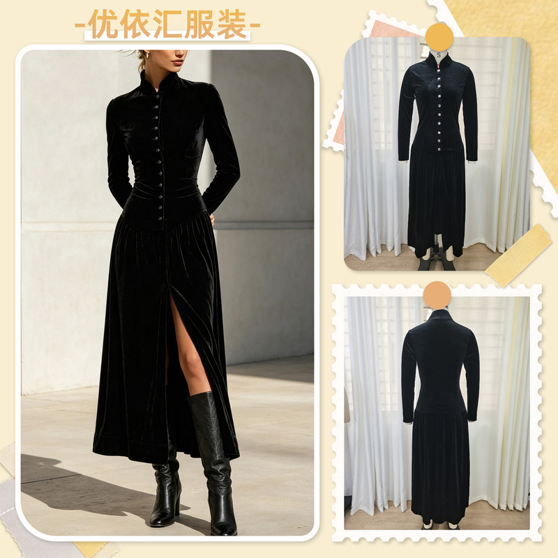 Wish Amazon cross-border e-commerce autumn/winter French velvet dress with a stand-up collar, cinched waist, slit, and A-line silhouette Wish Amazon cross-border e-commerce autumn/winter French velvet dress with a stand-up collar, cinched waist, slit, and A-line silhouette