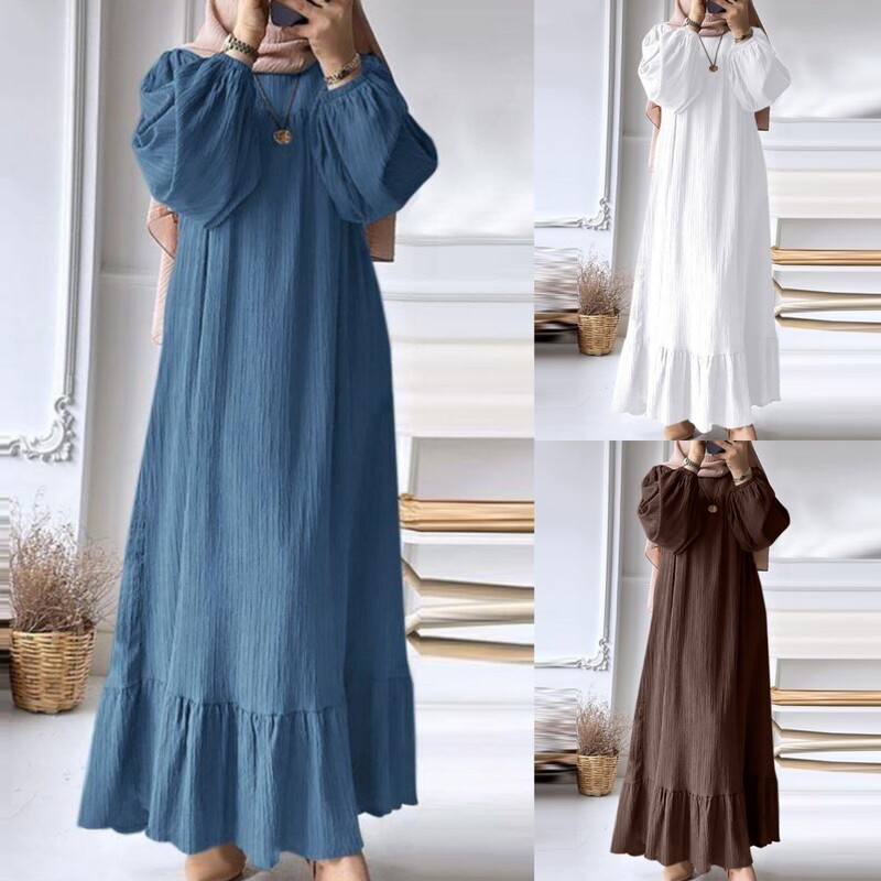 H716 # Muslim Women's Robe Spring and Autumn Fashion Long Sleeve Retro Long Dress Solid Color Ruffled Hem Dress
