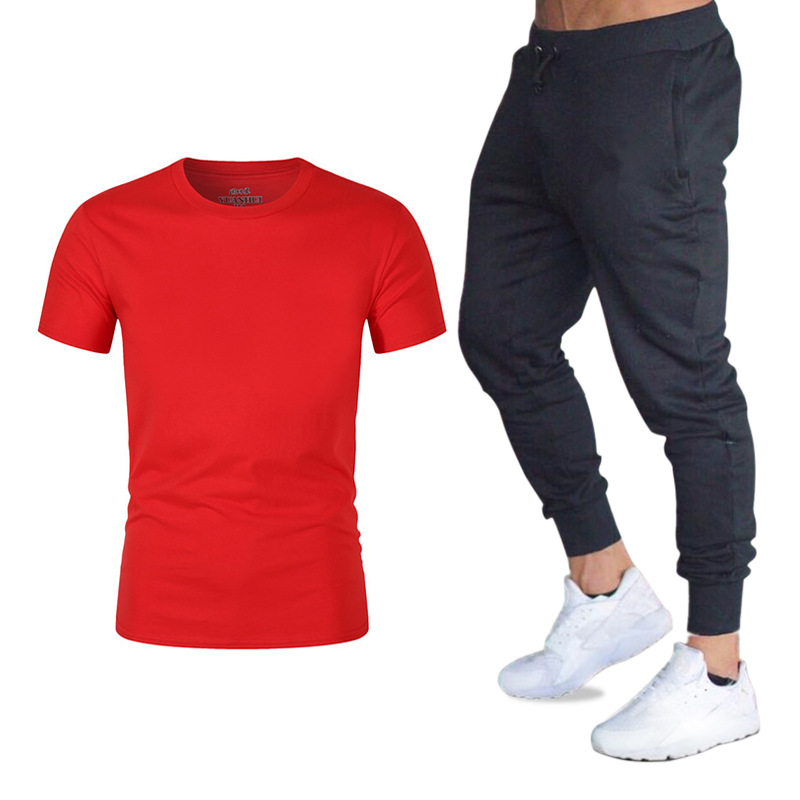 Traje de verano, ropa deportiva, conjunto de dos piezas de camiseta holgada de manga corta y pantalones largos para hombre, camiseta Gildan deportiva de moda