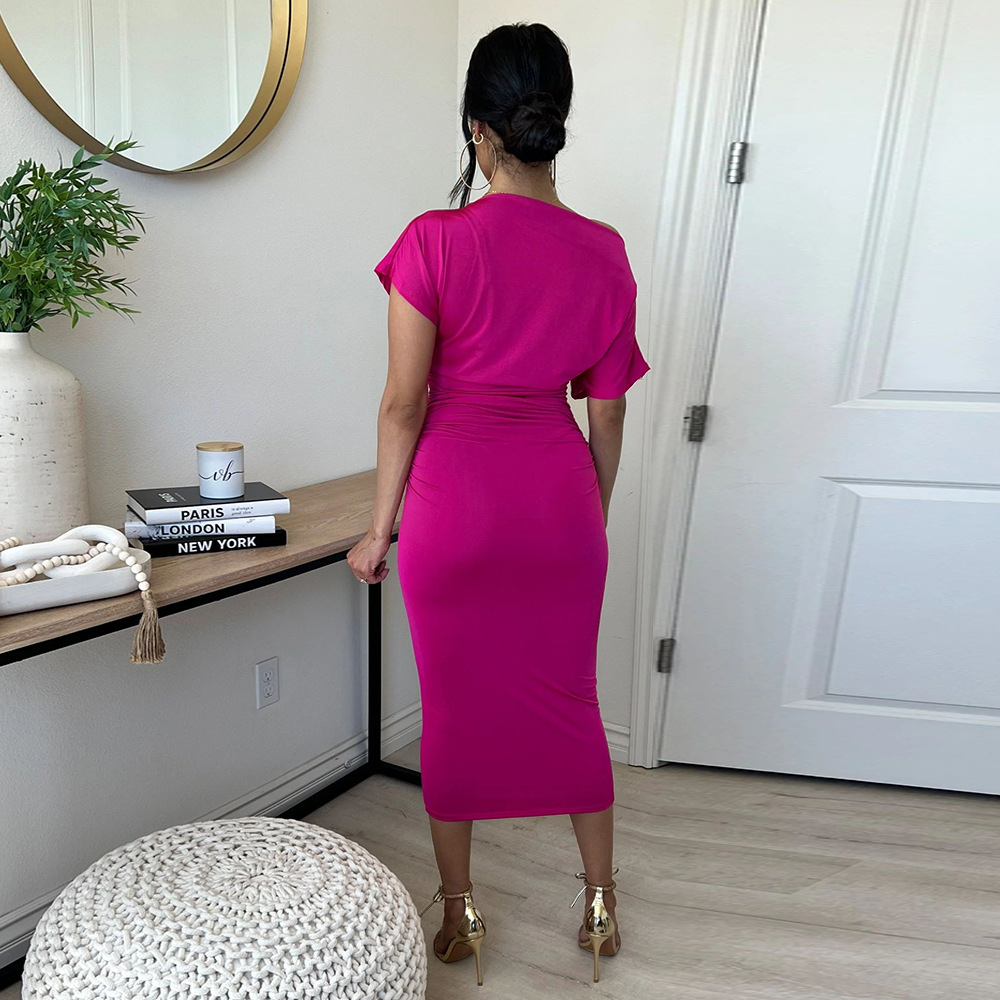 Women Clothing Popular Solid Color Pleated Slim-Fit Oblique Shoulder Dress 29 Women Clothing Popular Solid Color Pleated Slim-Fit Oblique Shoulder Dress