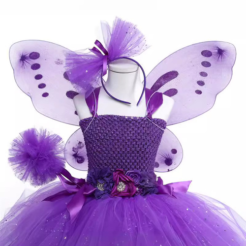 2024 Stylish Children's Pom Pom Dress Princess Nylon Purple Girls Western Handmade Tutu Dress for Girls' Birthday