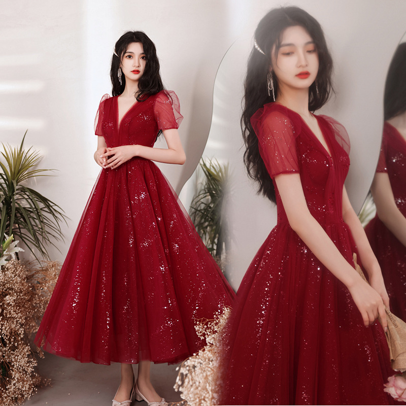 Burgundy Bridesmaid Dress 2025 New Autumn Can Wear Fairy Temperament Covering Flesh Wedding Host Graduation Dress for Women