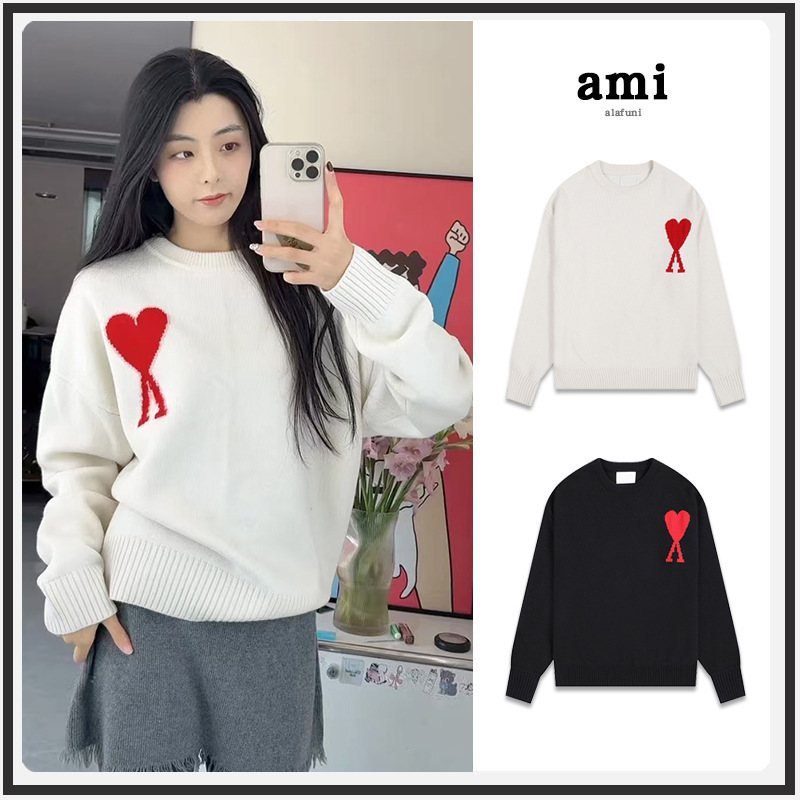 Ami Knitwear Autumn and Winter New Round Neck Red Heart Men's and Women's Jacquard Heart Casual High Collar Pullover Wool Knitwear
