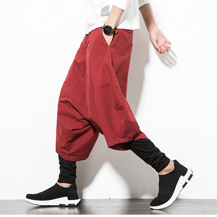 Comercio exterior 2022 verano estilo chino de los hombres de algodón y lino de bajo grado pantalones holgados pantalones grandes de la pierna de la moda de color sólido harén pantalones cortos