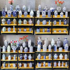 中式手绘花瓶摆件青花瓷花瓶高级感客厅玄关摆件陶瓷花瓶花盆批发