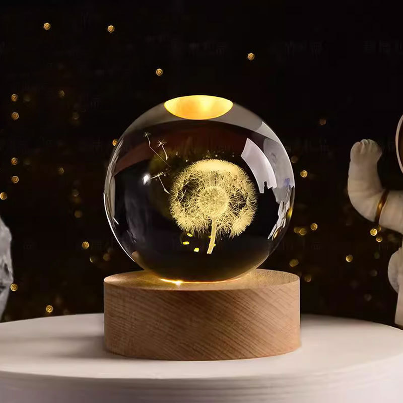 temu amazon una lámpara de noche de cristal de bola galáctica 3D láser interior grabado adornos de madera lámpara de noche galáctica