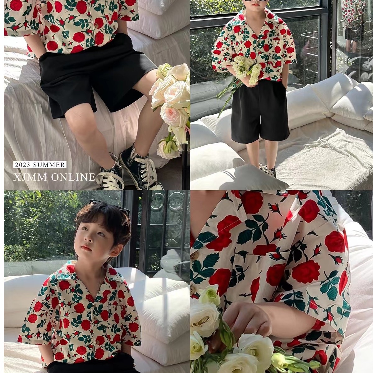 Ropa para niños, traje de camisa de flores de estilo coreano para niños, flor rosa, tesoro para hombres, camisa de manga corta de estilo retro francés de dos piezas para niños