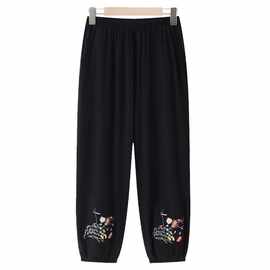 妈妈裤子夏季薄款绣花中老年女裤高腰松紧腰七分裤宽松老人裤黑色