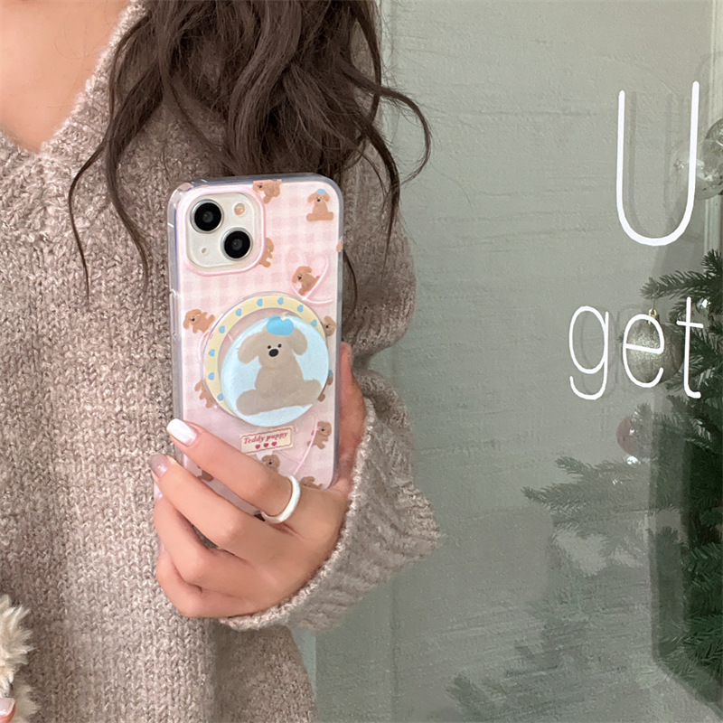 粉色格子小狗磁吸支架适用iphone16Promax苹果15手机壳13双层14女