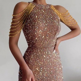 2025 Spring and Summer New Fashion Neck Sexy Crystal Chain Hip Sequins European and American dress Mid-Waist Evening Dress