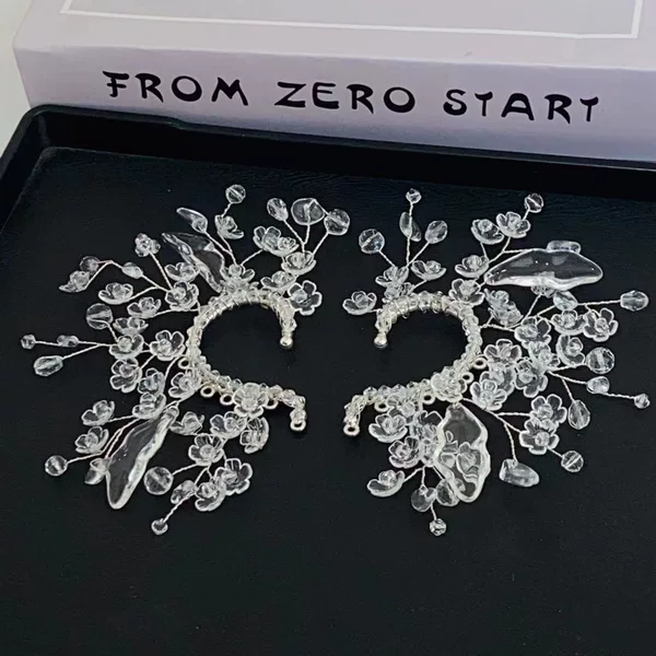 Sweet Fairy-Style Crystal Transparent Flower Non-Pierced Ear Cuffs, Fashionable and Elegant High-End Girly Earrings, New Style for Women
