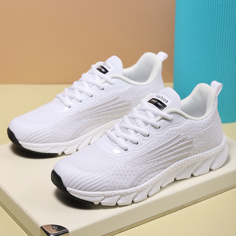 2025 Spring New Flying Weave Breathable Running Shoes Sports Women's Casual Shoes Soft Sole Couple Style Men's and Women's White Shoes
