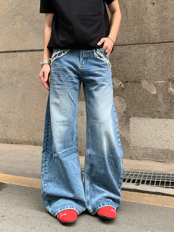 大码美式辣妹复古水洗猫须牛仔裤女新款廓形宽松阔腿弯刀阔腿长裤|undefined