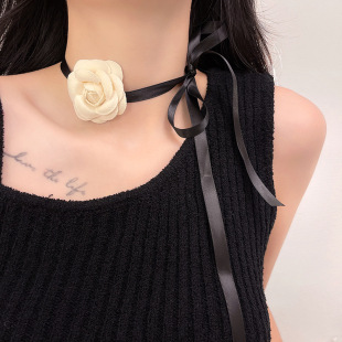 Camellia White Flower Collar Bow Necklace Chanel Style Clavicle Chain Temperament Strap Necklace Choker