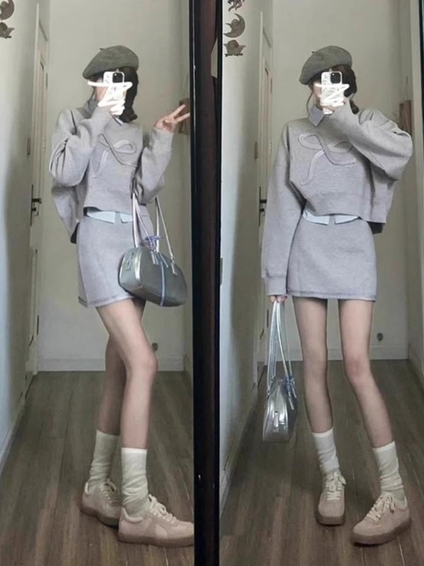 入秋韩系灰色卫衣搭配一整套连衣裙子女2025新款小个子减龄套装裙|undefined
